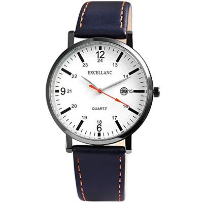 Excellanc Montre à quartz analogique pour homme En cuir synthétique Affichage de la date 2900125, Bleu marine/blanc, sangle Excellanc Montre à quartz analogique pour homme En cuir synthétique Affichage de la date 2900125, Bleu marine/blanc, sangle