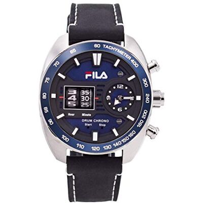 FILA Drum Roller 38-846 Montre pour homme en cuir 45 mm, Argent/noir/bleu – 004, sangle FILA Drum Roller 38-846 Montre pour homme en cuir 45 mm, Argent/noir/bleu – 004, sangle