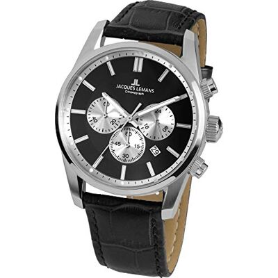 JACQUES LEMANS Hommes Analogique Quartz Montre 42-6.1A, Noir, Argenté, sangle JACQUES LEMANS Hommes Analogique Quartz Montre 42-6.1A, Noir, Argenté, sangle
