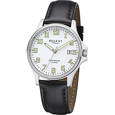 REGENT Hommes Analogique Quartz Montre avec Bracelet en Cuir F-1258, Noir, sangle REGENT Hommes Analogique Quartz Montre avec Bracelet en Cuir F-1258, Noir, sangle