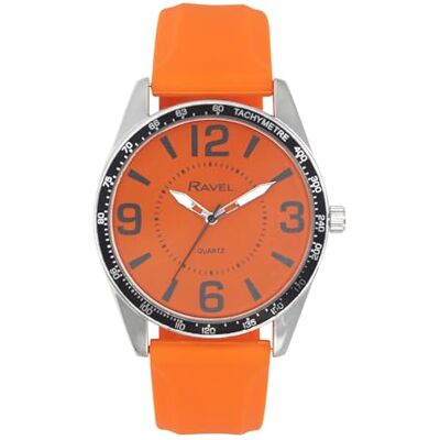 Ravel RS001 Montre Homme Big Digit Ton Argent avec Anneau supérieur Noir sur Bracelet Silicone Sport Quartz Analogique, Orange, Sangle Ravel RS001 Montre Homme Big Digit Ton Argent avec Anneau supérieur Noir sur Bracelet Silicone Sport Quartz Analogique, Orange, Sangle