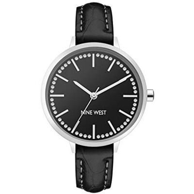 Nine West Montre bracelet en crocodile à paillettes pour femme, noir/argenté., Sangle Nine West Montre bracelet en crocodile à paillettes pour femme, noir/argenté., Sangle