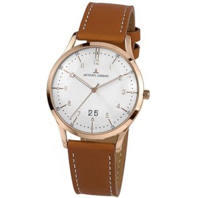 JACQUES LEMANS Montre à quartz pour homme 1-2066F, blanc, marron, doré, sangle JACQUES LEMANS Montre à quartz pour homme 1-2066F, blanc, marron, doré, sangle