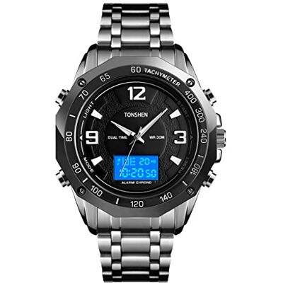 TONSHEN Homme Acier Inoxydable Montre Analogique Quartz Acier LED Digitale Électronique Sport Montres Bracelet Alarma Chronomètre Double Temps (Argent), bracelet TONSHEN Homme Acier Inoxydable Montre Analogique Quartz Acier LED Digitale Électronique Sport Montres Bracelet Alarma Chronomètre Double Temps (Argent), bracelet