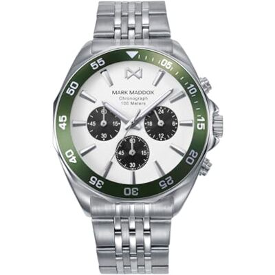 Mark Maddox Mission HM1024-07 Montre pour homme Chronographe en acier avec cadran blanc et vert Mark Maddox Mission HM1024-07 Montre pour homme Chronographe en acier avec cadran blanc et vert