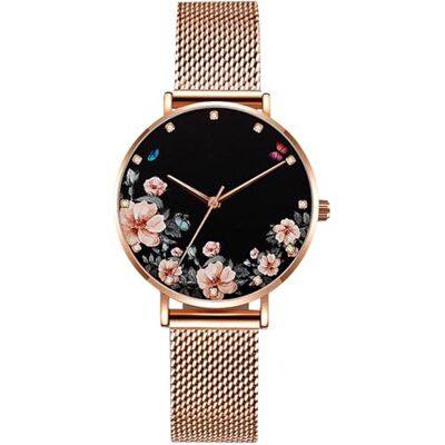RORIOS Femme Montres Analogique Quartz Fleur Cadran Bracelet Acier Mesh Inoxydable Montres Montres, Noir A, bracelet RORIOS Femme Montres Analogique Quartz Fleur Cadran Bracelet Acier Mesh Inoxydable Montres Montres, Noir A, bracelet
