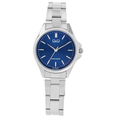 Q&Q Montre à quartz analogique pour femme en acier inoxydable avec bracelet à maillons et boucle déployante 3 bars, Argenté Bleu 1, Classique Q&Q Montre à quartz analogique pour femme en acier inoxydable avec bracelet à maillons et boucle déployante 3 bars, Argenté Bleu 1, Classique