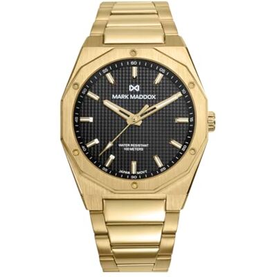 Mark Maddox HM1030-57 Montre pour homme en acier IP doré, cadran noir, étanche à 100 m, quartz analogique 3 aiguilles, boîtier 42 mm, verre minéral, fermeture par boutons Mark Maddox HM1030-57 Montre pour homme en acier IP doré, cadran noir, étanche à 100 m, quartz analogique 3 aiguilles, boîtier 42 mm, verre minéral, fermeture par boutons