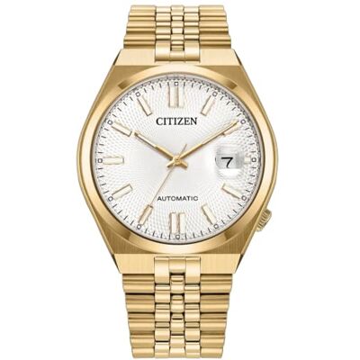 Citizen NK0022-50A Tsuyosa Montre automatique pour homme Doré 40 mm Verre saphir, cadran argenté, mouvement automatique, loupe de date, fond visuel, bracelet en acier inoxydable, 5 ATM Citizen NK0022-50A Tsuyosa Montre automatique pour homme Doré 40 mm Verre saphir, cadran argenté, mouvement automatique, loupe de date, fond visuel, bracelet en acier inoxydable, 5 ATM