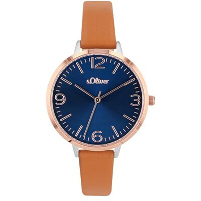 s.Oliver Montre analogique à quartz pour femme avec bracelet en cuir, bicolore, étanche jusqu'à 3 bars, livrée dans un coffret cadeau, 2033482 s.Oliver Montre analogique à quartz pour femme avec bracelet en cuir, bicolore, étanche jusqu'à 3 bars, livrée dans un coffret cadeau, 2033482