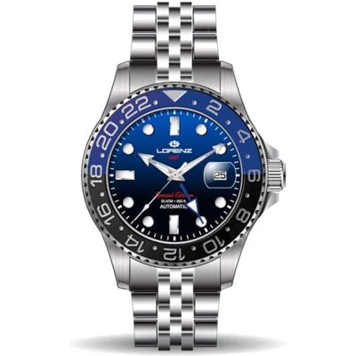 Lorenz Special Edition Gmt Two Tone 030257BB Horloge Montre automatique GMT pour hommes avec bracelet en acier inoxydable sous 200 mètres, bleu, Moderne Lorenz Special Edition Gmt Two Tone 030257BB Horloge Montre automatique GMT pour hommes avec bracelet en acier inoxydable sous 200 mètres, bleu, Moderne