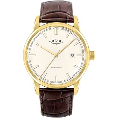 Rotary Heritage Montre automatique pour homme en acier inoxydable plaqué or avec bracelet en cuir marron Rotary Heritage Montre automatique pour homme en acier inoxydable plaqué or avec bracelet en cuir marron