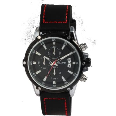 Excellanc Elite Montre à quartz analogique pour homme avec date et chronographe en cuir véritable 5 bar Noir Excellanc Elite Montre à quartz analogique pour homme avec date et chronographe en cuir véritable 5 bar Noir