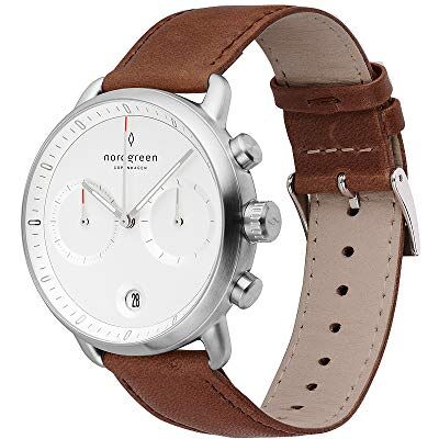 Nordgreen Pioneer Montre Chronographe pour Hommes Minimaliste Argenté Large 42mm Face Cadran Blanc et Bracelets Interchangeables, Bracelets Cuir Marron & Cuir Noir (Coffret), 42mm, sangle Nordgreen Pioneer Montre Chronographe pour Hommes Minimaliste Argenté Large 42mm Face Cadran Blanc et Bracelets Interchangeables, Bracelets Cuir Marron & Cuir Noir (Coffret), 42mm, sangle