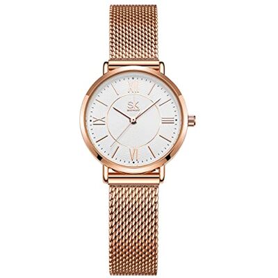 Alienwork Montre Femme Or Rose Bracelet Maille Blanc Ultra-mince élégant Alienwork Montre Femme Or Rose Bracelet Maille Blanc Ultra-mince élégant