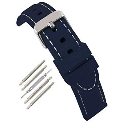 masar 18mm à 24mm Bracelets de Montre Silicone avec surpiqûres – Style Lisse et Semi-rembourré – Kit 4 Barrettes – 1 Outil, Silicone Blue White, 22 mm, sangle masar 18mm à 24mm Bracelets de Montre Silicone avec surpiqûres – Style Lisse et Semi-rembourré – Kit 4 Barrettes – 1 Outil, Silicone Blue White, 22 mm, sangle