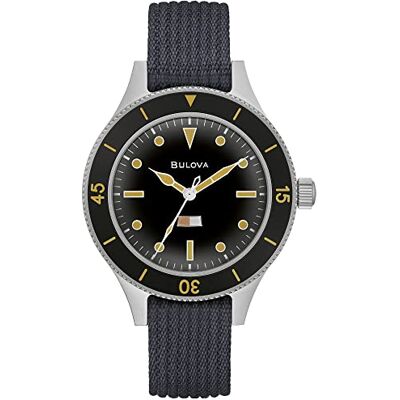 Bulova Archive Series MIL-SHIPS-W-2181 Montre automatique à 3 aiguilles en acier inoxydable avec bracelet en nylon gris et cadran noir mat Style : 98A266, argent, montre automatique, Argenté., Montre Bulova Archive Series MIL-SHIPS-W-2181 Montre automatique à 3 aiguilles en acier inoxydable avec bracelet en nylon gris et cadran noir mat Style : 98A266, argent, montre automatique, Argenté., Montre