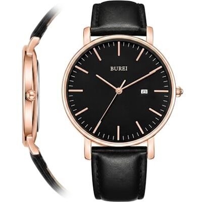 BUREI Montres-Bracelets pour Hommes, Montres à Quartz analogiques minimalistes pour Hommes avec Bracelet en Cuir, Cadeaux pour Hommes., Or Rose Noir, sangle BUREI Montres-Bracelets pour Hommes, Montres à Quartz analogiques minimalistes pour Hommes avec Bracelet en Cuir, Cadeaux pour Hommes., Or Rose Noir, sangle
