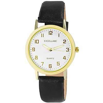 Excellanc Montre pour homme en cuir synthétique avec boucle ardillon, aiguilles lumineuses, quartz analogique, 2900230, Noir blanc doré, Classique Excellanc Montre pour homme en cuir synthétique avec boucle ardillon, aiguilles lumineuses, quartz analogique, 2900230, Noir blanc doré, Classique