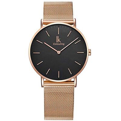 Alienwork Montre Hommes Femmes Or Rose Bracelet Maille Noir Ultra-mince Alienwork Montre Hommes Femmes Or Rose Bracelet Maille Noir Ultra-mince