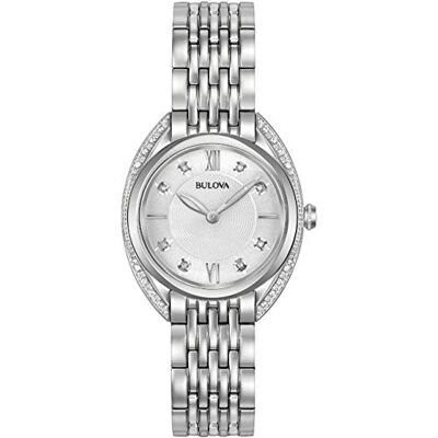 Bulova Curv Diamond 96R212 Montre à quartz pour femme avec cadran blanc, affichage analogique et bracelet en acier inoxydable argenté Bulova Curv Diamond 96R212 Montre à quartz pour femme avec cadran blanc, affichage analogique et bracelet en acier inoxydable argenté