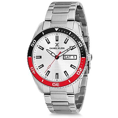 Daniel Klein Montre à quartz japonaise pour homme (DK12237) en acier inoxydable, 44 mm, analogique à la mode, mouvement à quartz japonais, structure à carreaux, lunette bicolore noire et rouge, de Daniel Klein Montre à quartz japonaise pour homme (DK12237) en acier inoxydable, 44 mm, analogique à la mode, mouvement à quartz japonais, structure à carreaux, lunette bicolore noire et rouge, de