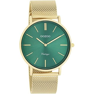 Oozoo Montre vintage pour femme en or/vert Bracelet en métal milanais Montre analogique ronde pour femme, Doré/vert, 32mm Gehäuse/16mm Armbandbreite, Bracelet Oozoo Montre vintage pour femme en or/vert Bracelet en métal milanais Montre analogique ronde pour femme, Doré/vert, 32mm Gehäuse/16mm Armbandbreite, Bracelet
