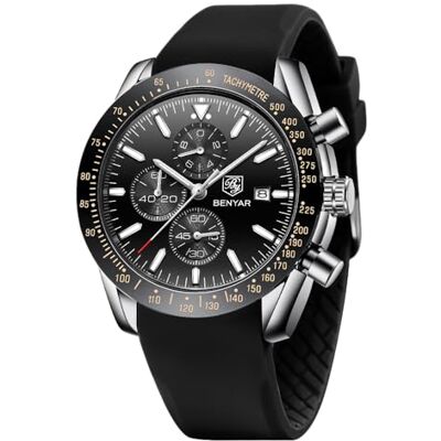 BY BENYAR Montre chronographe étanche pour homme Date Analogique Quartz Mode décontractée Robe d'affaires Cadeau élégant pour homme, Sis-Black, lanière BY BENYAR Montre chronographe étanche pour homme Date Analogique Quartz Mode décontractée Robe d'affaires Cadeau élégant pour homme, Sis-Black, lanière