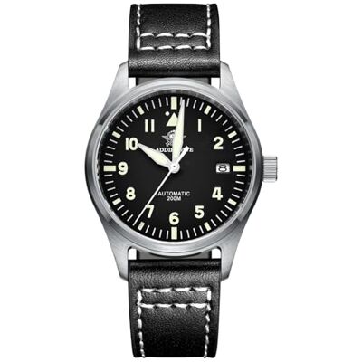 ADDIESDIVE Montre pilote automatique homme acier étanche 200 m Luminescent NH35 A saphir synthétique, Neropelle, bracelet ADDIESDIVE Montre pilote automatique homme acier étanche 200 m Luminescent NH35 A saphir synthétique, Neropelle, bracelet