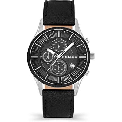 Police Vault Cadran noir Bracelet en cuir noir Montre chronographe pour hommes, 44mm Police Vault Cadran noir Bracelet en cuir noir Montre chronographe pour hommes, 44mm