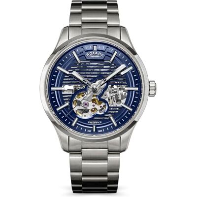 Rotary Greenwich Montre squelette automatique pour homme Étanche jusqu'à 100 m Cadran bleu Bracelet en acier inoxydable Rotary Greenwich Montre squelette automatique pour homme Étanche jusqu'à 100 m Cadran bleu Bracelet en acier inoxydable