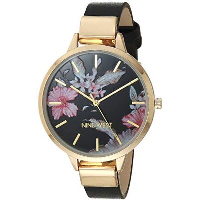Nine West Montre pour femme avec cadran floral, Noir/doré Nine West Montre pour femme avec cadran floral, Noir/doré
