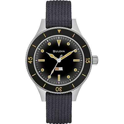 Bulova Archive Series MIL-SHIPS-W-2181 Montre automatique à 3 aiguilles en acier inoxydable avec bracelet en nylon gris et cadran noir mat Style : 98A266, argent, montre automatique, Argenté., Montre Bulova Archive Series MIL-SHIPS-W-2181 Montre automatique à 3 aiguilles en acier inoxydable avec bracelet en nylon gris et cadran noir mat Style : 98A266, argent, montre automatique, Argenté., Montre