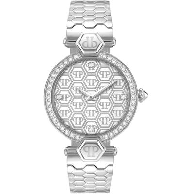 Philipp Plein Plein Couture Montre à quartz analogique pour femme, Argenté/blanc Pweaa0421, Bracelet Philipp Plein Plein Couture Montre à quartz analogique pour femme, Argenté/blanc Pweaa0421, Bracelet
