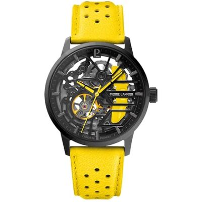 Pierre Lannier Paddock Montre pour femme avec cadran noir et bracelet en cuir jaune 20 mm, Jaune Moyen, 39 Pierre Lannier Paddock Montre pour femme avec cadran noir et bracelet en cuir jaune 20 mm, Jaune Moyen, 39