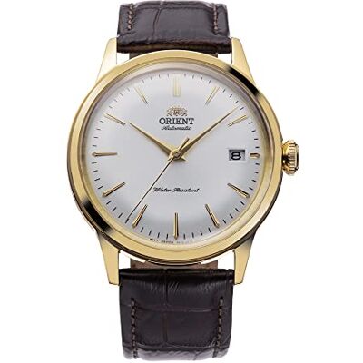 Orient Bambino 38mm Montre mécanique automatique et à corde manuelle pour homme avec bracelet en cuir et affichage analogique RA-AC0M, Bracelet marron boîtier doré cadran gris, bande Orient Bambino 38mm Montre mécanique automatique et à corde manuelle pour homme avec bracelet en cuir et affichage analogique RA-AC0M, Bracelet marron boîtier doré cadran gris, bande