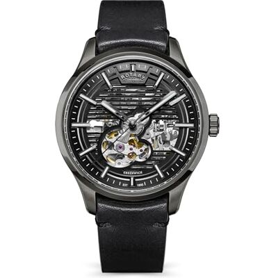 Rotary Greenwich Montre squelette automatique étanche jusqu'à 100 m en acier inoxydable avec bracelet en cuir noir Rotary Greenwich Montre squelette automatique étanche jusqu'à 100 m en acier inoxydable avec bracelet en cuir noir