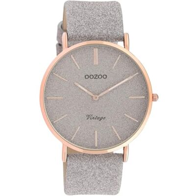 Oozoo Montre-bracelet Vintage pour Femme avec Cadran Pailleté et Bracelet en Cuir Plat de 40 mm de Diamètre dans Différentes Variantes, Or Rose/Gris Argenté/Paillettes Oozoo Montre-bracelet Vintage pour Femme avec Cadran Pailleté et Bracelet en Cuir Plat de 40 mm de Diamètre dans Différentes Variantes, Or Rose/Gris Argenté/Paillettes