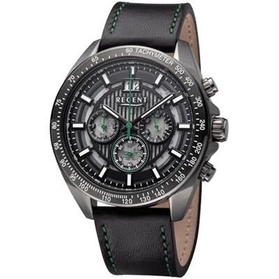 REGENT BA-829 Montre chronographe analogique pour homme en acier inoxydable avec bracelet en cuir véritable 10 ATM, Gunmetal-noir/vert, lanière REGENT BA-829 Montre chronographe analogique pour homme en acier inoxydable avec bracelet en cuir véritable 10 ATM, Gunmetal-noir/vert, lanière
