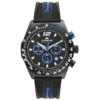 Lorenz Granpremio 030267BB Montre de sport pour homme Montre chronographe à quartz Montre avec bracelet en caoutchouc Sous 100 mètres, noir/bleu, Moderne Lorenz Granpremio 030267BB Montre de sport pour homme Montre chronographe à quartz Montre avec bracelet en caoutchouc Sous 100 mètres, noir/bleu, Moderne