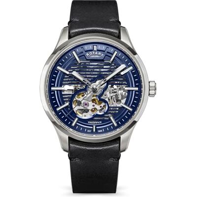 Rotary Greenwich Montre squelette automatique étanche jusqu'à 100 m en acier inoxydable avec bracelet en cuir noir Rotary Greenwich Montre squelette automatique étanche jusqu'à 100 m en acier inoxydable avec bracelet en cuir noir
