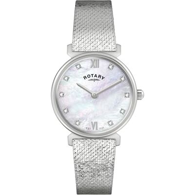 Rotary Montre pour femme 1985 avec cadran nacré et bracelet en maille d'acier inoxydable Rotary Montre pour femme 1985 avec cadran nacré et bracelet en maille d'acier inoxydable