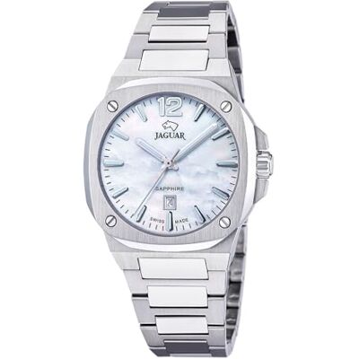 JAGUAR Swiss Made Montre pour femme en acier inoxydable 316L Argenté Mouvement à quartz, verre saphir haute résistance, étanche 10 ATM, calendrier J1027/1, Rondcarre JAGUAR Swiss Made Montre pour femme en acier inoxydable 316L Argenté Mouvement à quartz, verre saphir haute résistance, étanche 10 ATM, calendrier J1027/1, Rondcarre