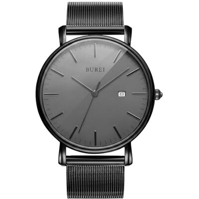 BUREI Montre Homme Montre Ultra Mince et Minimaliste Analog Quartz Montre pour Homme Classique Étanche Acier Inoxydable avec Date, Gris Foncé Noir, 240mm, bracelet BUREI Montre Homme Montre Ultra Mince et Minimaliste Analog Quartz Montre pour Homme Classique Étanche Acier Inoxydable avec Date, Gris Foncé Noir, 240mm, bracelet