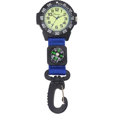 Ravel Montre mousqueton en nylon avec boussole et cadran phosphorescent Quartz Analogique R1108 Ravel Montre mousqueton en nylon avec boussole et cadran phosphorescent Quartz Analogique R1108