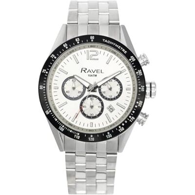 Ravel Pro Montre chronographe ronde en acier inoxydable avec date Étanche jusqu'à 100 m Quartz Analogique RPR, Bracelet en acier inoxydable / cadran argenté, Bracelet Ravel Pro Montre chronographe ronde en acier inoxydable avec date Étanche jusqu'à 100 m Quartz Analogique RPR, Bracelet en acier inoxydable / cadran argenté, Bracelet