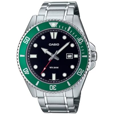 Casio MDV107D-3AV Montre de plongée pour homme en acier inoxydable 200 m avec lunette verte, cadran noir, 3 aiguilles, Noir, Sports Casio MDV107D-3AV Montre de plongée pour homme en acier inoxydable 200 m avec lunette verte, cadran noir, 3 aiguilles, Noir, Sports