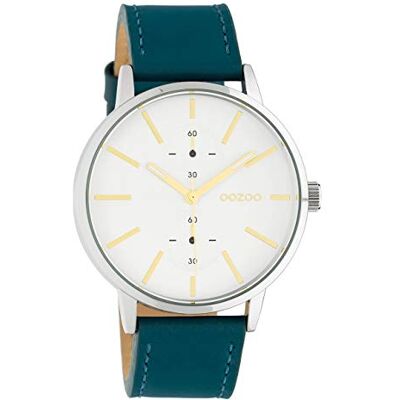 Oozoo Montre-bracelet unisexe avec bracelet en cuir 42 mm Argenté/bleu sarcelle C10587, Argenté, sangle Oozoo Montre-bracelet unisexe avec bracelet en cuir 42 mm Argenté/bleu sarcelle C10587, Argenté, sangle