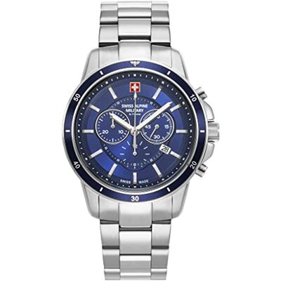 Alpine Montre chronographe à quartz analogique pour homme 7089.9 en acier inoxydable, Acier/bleu/bleu 9135sam, Bracelet Alpine Montre chronographe à quartz analogique pour homme 7089.9 en acier inoxydable, Acier/bleu/bleu 9135sam, Bracelet