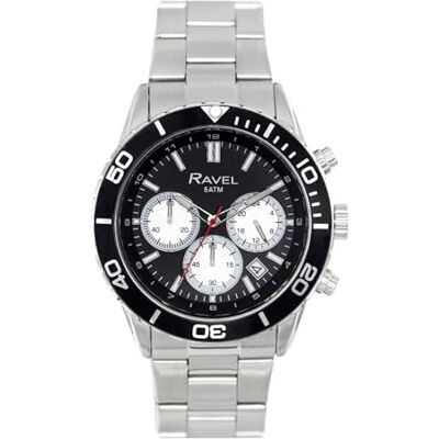 Ravel Plus RP.CHR-05-09 Montre de sport chronographe pour homme Argenté 42 mm Lunette rotative unidirectionnelle 5ATM Quartz analogique japonais Ravel Plus RP.CHR-05-09 Montre de sport chronographe pour homme Argenté 42 mm Lunette rotative unidirectionnelle 5ATM Quartz analogique japonais